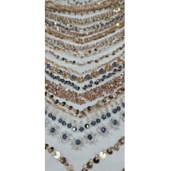 Tule Bordado com Pedrarias Premium Dourado Multicolor HT97504 