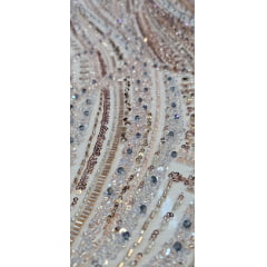 Tule Bordado com Pedrarias Premium Dourado Multicolor HT97797
