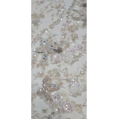 Tule Bordado com Pedrarias  Premium em 3D Areia 820D