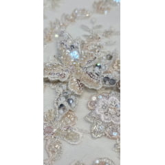 Tule Bordado com Pedrarias  Premium em 3D Areia 820D
