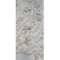 Tule Bordado com Pedrarias  Premium em 3D Areia 820D