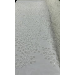 Tule Bordado com Pedrarias Premium Floral Off White J23070