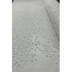 Tule Bordado com Pedrarias Premium Floral Off White J23070