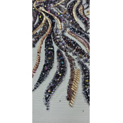 Tule Bordado com Pedrarias Premium Fúcsia com Dourado Multicolor  HT98063 