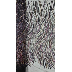 Tule Bordado com Pedrarias Premium Fúcsia com Dourado Multicolor  HT98063 