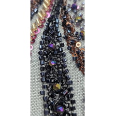Tule Bordado com Pedrarias Premium Fúcsia com Dourado Multicolor  HT98063 