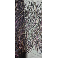 Tule Bordado com Pedrarias Premium Fúcsia com Dourado Multicolor  HT98063 