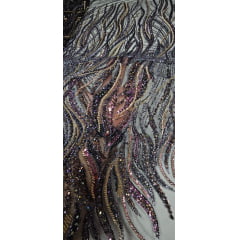 Tule Bordado com Pedrarias Premium Fúcsia com Dourado Multicolor  HT98063 