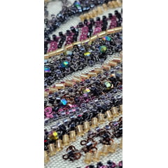 Tule Bordado com Pedrarias Premium Fúcsia com Dourado Multicolor  HT98063 