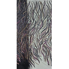 Tule Bordado com Pedrarias Premium Fúcsia com Dourado Multicolor  HT98063 