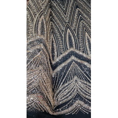 Tule Bordado com Pedrarias Premium Fundo Preto Pedraria Bronze 16296A