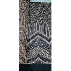 Tule Bordado com Pedrarias Premium Fundo Preto Pedraria Bronze 16296A