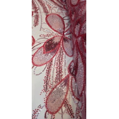 Tule Bordado com Pedrarias Premium Goiaba Multicolor HT70513 