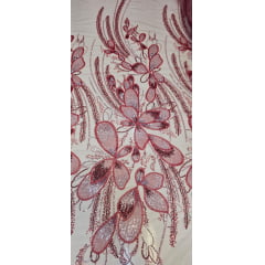 Tule Bordado com Pedrarias Premium Goiaba Multicolor HT70513 