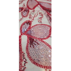 Tule Bordado com Pedrarias Premium Goiaba Multicolor HT70513 