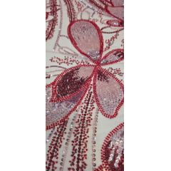 Tule Bordado com Pedrarias Premium Goiaba Multicolor HT70513 