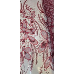 Tule Bordado com Pedrarias Premium Goiaba Multicolor HT70513 