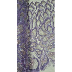 Tule Bordado com Pedrarias Premium Lilás Multicolor HT70561