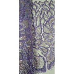 Tule Bordado com Pedrarias Premium Lilás Multicolor HT70561