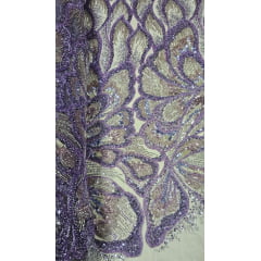 Tule Bordado com Pedrarias Premium Lilás Multicolor HT70561