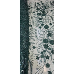 Tule Bordado Com Pedrarias Premium Lumiere 02 Verde Floresta