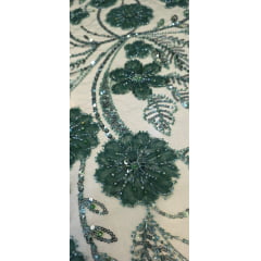 Tule Bordado Com Pedrarias Premium Lumiere 02 Verde Floresta