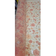 Tule Bordado Com Pedrarias Premium Lumiere Salmão 