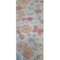 Tule Bordado Com Pedrarias Premium Lumiere Salmão 