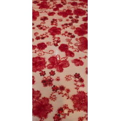 Tule Bordado Com Pedrarias Premium Lumiere Vermelho