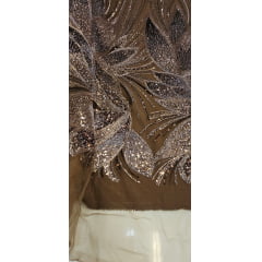 Tule Bordado com Pedrarias Premium Marrom com Bronze  HT70509 