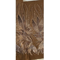 Tule Bordado com Pedrarias Premium Marrom com Bronze  HT70509 