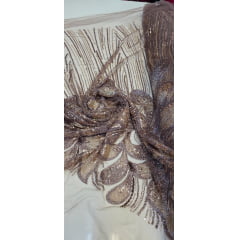Tule Bordado com Pedrarias Premium Marrom com Bronze Multicolor HT70519