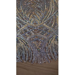 Tule Bordado com Pedrarias Premium Marrom Multicolor HT70848