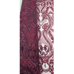 Tule Bordado com Pedrarias Premium Marsala Modelo HS1191  