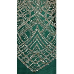 Tule Bordado com Pedrarias Premium Mônaco Verde Floresta  Multicolor 