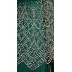 Tule Bordado com Pedrarias Premium Mônaco Verde Floresta  Multicolor 