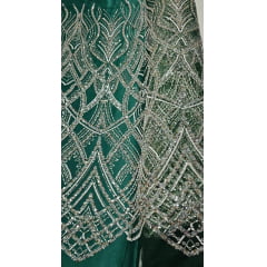 Tule Bordado com Pedrarias Premium Mônaco Verde Floresta  Multicolor 