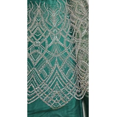 Tule Bordado com Pedrarias Premium Mônaco Verde Floresta  Multicolor 