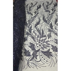 Tule Bordado com Pedrarias Premium Monte Carlo Azul Marinho Modelo 336
