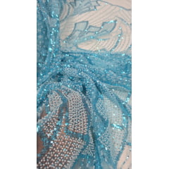 Tule Bordado com Pedrarias Premium Monte Carlo Azul Turquesa Modelo 275