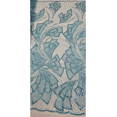 Tule Bordado com Pedrarias Premium Monte Carlo Azul Turquesa Modelo 275