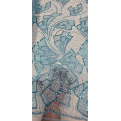 Tule Bordado com Pedrarias Premium Monte Carlo Azul Turquesa Modelo 275