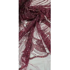 Tule Bordado com Pedrarias Premium Monte Carlo Marsala Modelo 274