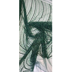 Tule Bordado com Pedrarias Premium Monte Carlo Verde Floresta Modelo 337