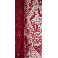 Tule Bordado com Pedrarias Premium Monte Carlo Vermelho  Modelo 336