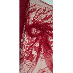 Tule Bordado com Pedrarias Premium Monte Carlo Vermelho  Modelo 336