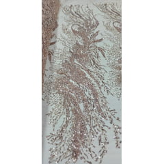 Tule Bordado com Pedrarias Premium Nude com Rosê Gold  HT98091  