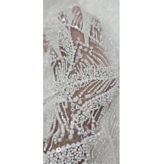 Tule Bordado com Pedrarias Premium Off White Modelo Y2362