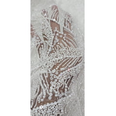 Tule Bordado com Pedrarias Premium Off White Modelo Y2362