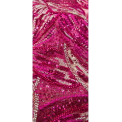 Tule Bordado com Pedrarias Premium Pink com Champanhe Folhagens Modelo HS3349